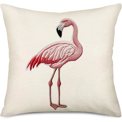 Throw Pillow Covers Embroidery-Like Style Cotton Linen Square Flamingo Throw Pillow Case Home Sofa Decorative Cushion Covers 18 x 18 Inches (ELF-2)