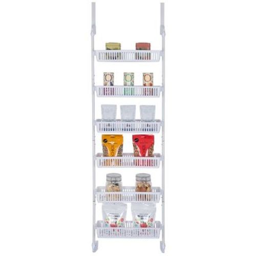 Smart Design Steel 6-Tier Over the Door Pantry Organizer - White: Back of Door Storage for Kitchen Cabinet Organization