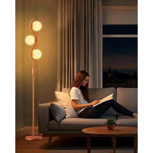 Lightdot 3-Globe Dimmable Floor Lamp Orange Mid Century Modern Standing Lamp with 3PCS 3000K G9 Bulbs Stepless Brightness Adjustable Stable Base for Living Room, Bedroom, Office