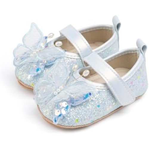 Sawimlgy Baby Girls Mary Jane Sequins Crown Flats PU Leather Wedding Party Princess Ballet Shoe Infant Rubber Sole Prewalker Toddler First Crib Shoes