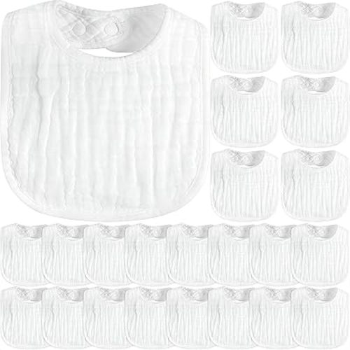 Zhanmai 20 Pack Muslin Baby Bibs Adjustable White Drool Bandana Bibs 6 Absorbent Layers for Newborn Baby Girl Boy Feeding, Drooling and Teething, Machine Washable