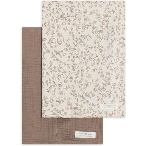 Colord Organics Baby 2 Pack Organic Cotton Muslin Burp Cloths Set - Pip Floral Ivory + Taupe