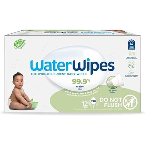 WaterWipes Plastic-Free Textured Clean, Toddler & Baby Wipes, 99.9% Water Based Wipes, Unscented & Hypoallergenic for Sensitive Skin, 720 Count (12 packs), Packaging May Vary