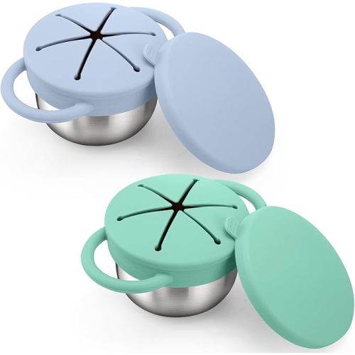 BUSOHA 2 Pack Stainless Steel Toddler Snack Cups - 9 OZ Spill-Proof Baby Snack Containers with Silicone Catcher and Lid Travel Snack Containers for Kids Food Grade Silicone Dishwasher Safe