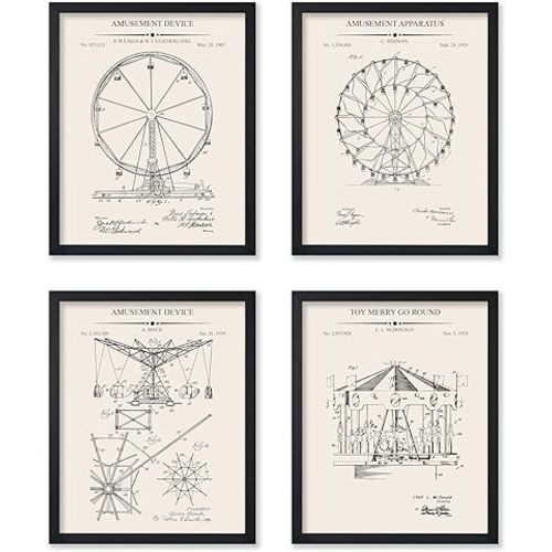 Poster Master 4-Piece Carnival Blueprint Poster - Patent Print - Amusement Park Art - Ferris Wheel Art - Merry Go Round Art - Theme Park Art - Office or Kids Room Wall Decor - 8x10 UNFRAMED Wall Art