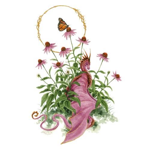 Dragon Art Watercolor Print - Echinacea Dragon - fantasy art. whimsical. flower art. illustration.