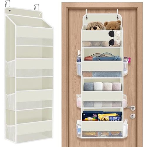 1 Pack Over The Door Organizer, Hanging Storage Organizer with Clear Window, 40lb Ultra Sturdy Large Capacity Room Organizer for Pantry Bathroom Nursery Closet Baby Essential (Beige)