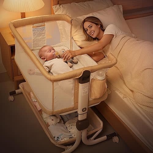 Baby Bassinet Bedside Sleeper, Upgraded Stability Bedside Crib with Full Mesh Sides, Soft Sheet, 6-Height Adjustment, Storage Basket, Easy Folding Portable Bassinet for Newborns, Oatmeal