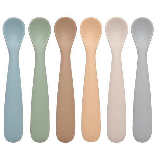 Eascrozn Baby Spoons, 6 Pack First Stage Silicone Baby Feeding Spoons, Soft Tip Feeding Baby Utensils, Baby Led Weaning Supplies Training Spoons, Dishwasher and Boil Safe