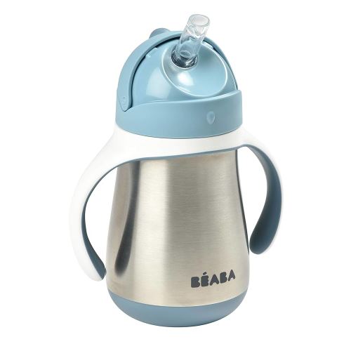 Beaba Stainless Steel Straw Sippy Cup, Insulated Toddler Cups Spill Proof with Removable Handles, Made with High Grade Stainless Steel, 8+ months, 8.5 oz (Rain)