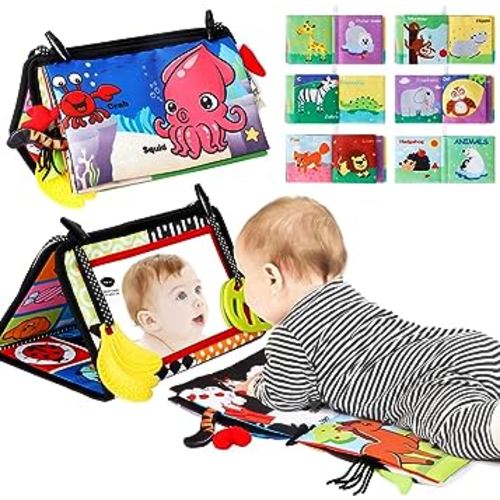 DRMATION Tummy Time Toys, Baby Toys 6 to 12 Months, Infant Toys 3 in 1 Baby Mirror and 2 Animal Soft Books Kit, Montessori Infant Toys for Babies 0 3 6 9 Months