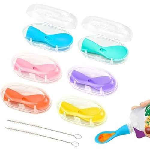 Morlike Baby Food Pouch Topper Silicone Spoons with Travel Cases, Squeeze Pouch Attachment Toppers for Travel and Feeding (6 Pack) - Not Include Squeeze Pouch