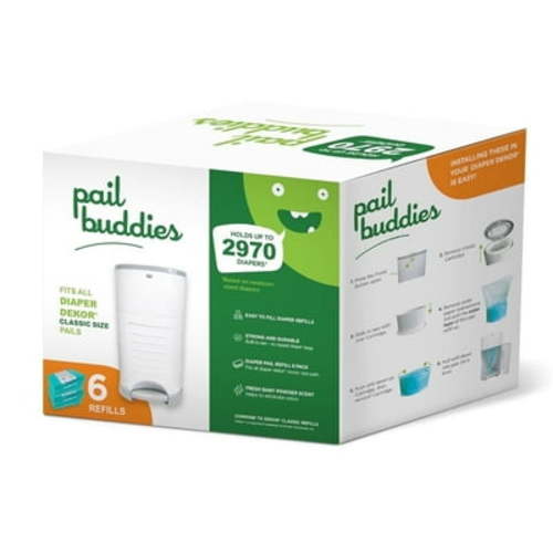 Pail Buddies Diaper Pail Refill Bags for Dekor Classic, Fresh Powder Scent, 6 Count
