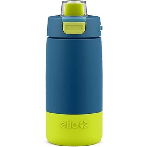 Ello Kids Colby 12oz Stainless Steel Insulated Water Bottle with Straw and Built-In Silicone Coaster Carrying Handle and Leak-Proof Locking Lid for School Backpack, Lunchbox, and Outdoor Sports