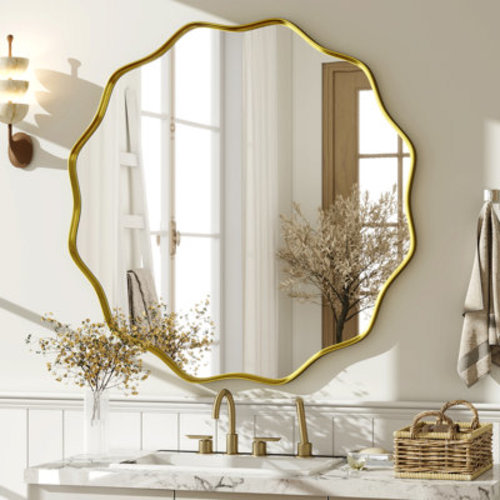 Mercer41 Distressed Gold Wavy-Edge Round Mirror | Wayfair