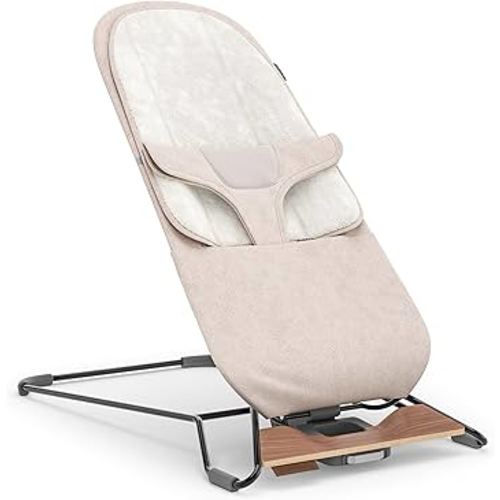 UPPAbaby Mira Bouncer/Portable 2-in-1 Bouncer + Seat Grows With Your Baby/GREENGuard® Gold, JPMA + FSC® certified/Cozy Seat Liner + Storage Bag Included/Charlie (Sand Mélange/Black Chrome/Walnut Wood)
