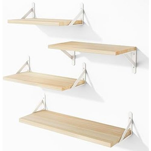 YGEOMER Floating Shelves, Rustic Wood Shelves, 4 Sets of Wall Mounted Shelf for Bathroom Decor, Bedroom, Living Room and Plants (Natural and White Bracket)