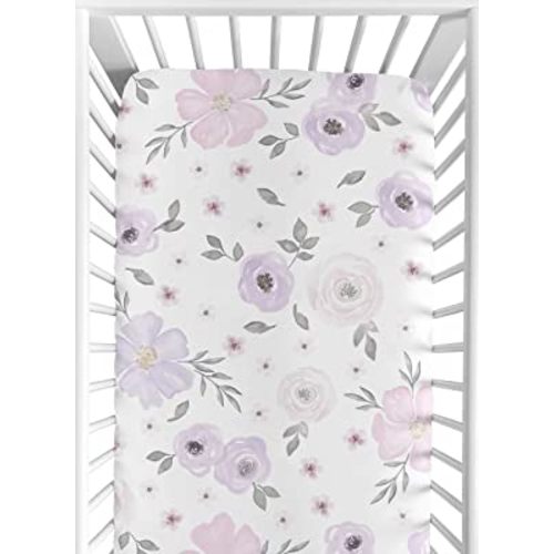 Sweet Jojo Designs Lavender Purple, Pink, Grey and White Baby or Toddler Fitted Crib Sheet for Watercolor Floral Collection - Rose Flower