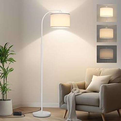 Floor Lamps for Living Room, White Arc Floor Lamp with Stepless Dimmer, Modern Standing Lamp with Adjustable Drum Shade, Tall Pole Lamp for Bedroom Study Room Office, 9W 3000K LED Bulb Included