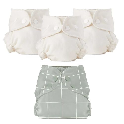 Esembly Cloth Diaper Bundle Set - 3 Organic Cotton Absorbent Inners and 1 Waterproof Outer Diaper Cover - Reusable, Washable, Snap Closure Cloth Diapers - Size 1 (7-17lbs), Lattice
