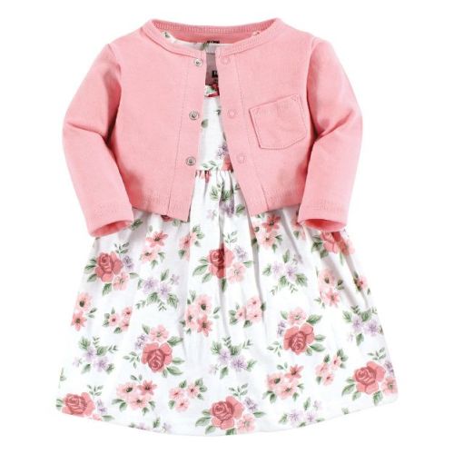 Hudson Baby Infant Girl Cotton Dress and Cardigan Set, Vintage Floral, 0-3 Months