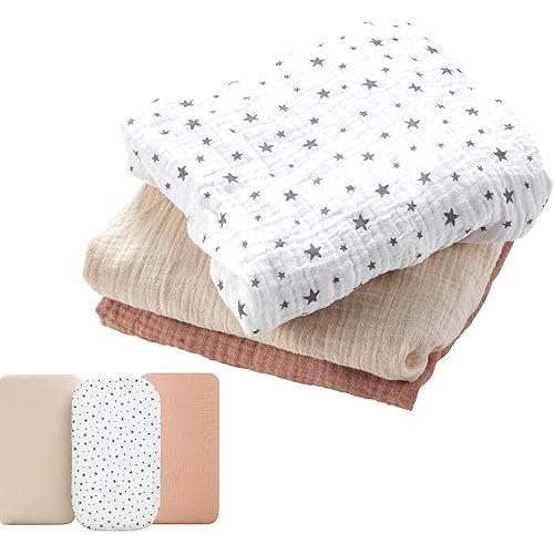 3Pcs 32"x16" Soft Muslin Bassinet Sheets – Breathable Cotton Fitted Sheets for Bassinet, Changing Pad & Bedside Sleeper, Portable Crib Sheets – Gentle & Washable Baby Bedding Set for Boys & Girls
