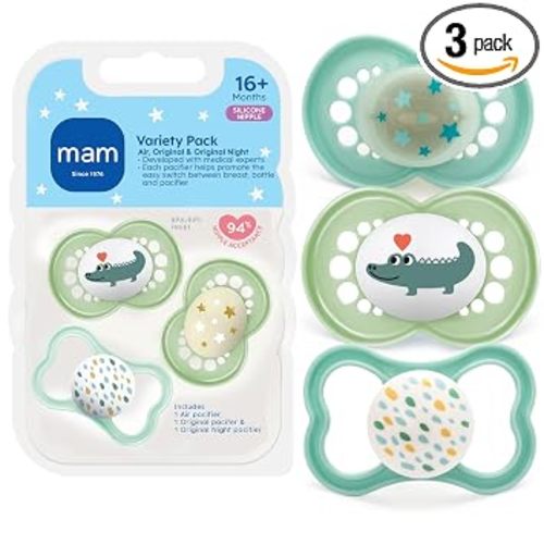 MAM Variety Pack Baby Pacifier, 16+ Month Includes 3 Types of Pacifiers, Nipple Shape is Developed with Dentists, Unisex, 3 Count (Pack of 1)