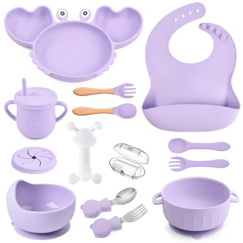 mraisebossup Silicone Baby Feeding Set 15 Pcs,Baby Spoons Suction Bowl Divided Plate Bib Cup Finger Brush Teething Teether Training cups,Baby Led Weaning Supplies(purple)