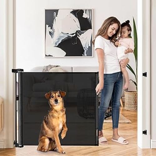 Retractable Baby Gates for Doorways 55" Wide Retractable Dog Gate for Stairs, Mesh Dog Gates for The House, Retractable Gate Outdoor Baby Gates for Decks, Child Gate Keeps Kids & Pets Contained, Black