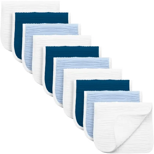 Synrroe Burp Cloths Large, Muslin Burp Cloths for Baby Girls and Boys, Pack of 10 Extra Absorbent and Soft Muslin Bibs, 6 Layers 20 by 10 Inches 100% Cotton (Blue Sets 10 Pack)