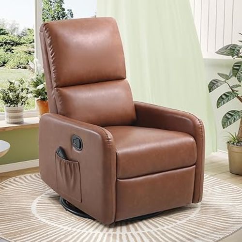 Jocisland Swivel Rocking Chair Nursery Glider Recliner Chairs for Adults, Rocker for Living Room Bedroom, Comfy Upholstered Modern Nursing Reclining Single Sofa, Mix-Brown Leather