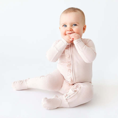 Sandy Blush Ribbed Footie Ruffled Zippered One Piece
