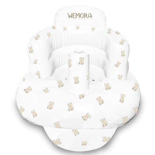 WEMORA Inflatable Baby Seat for Babies 3-36 Months Built-in Air Pump Toddler Floor Seat with Back Support for Sitting Up Portable Blow Up Baby Chair for Feeding Shower and Playtime (Bear)