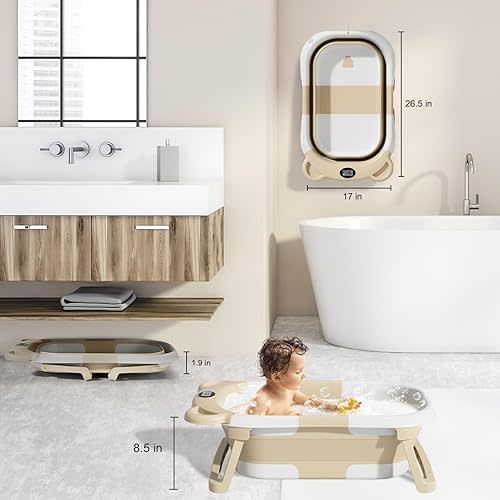 TPN Collapsible Baby Bathtub, Baby Bath Tub with Soft Cushion & Real-Time Thermometer, Baby Bathtub Infant to Toddler Tub (0-36 Months), Portable Newborn Travel Bath tub