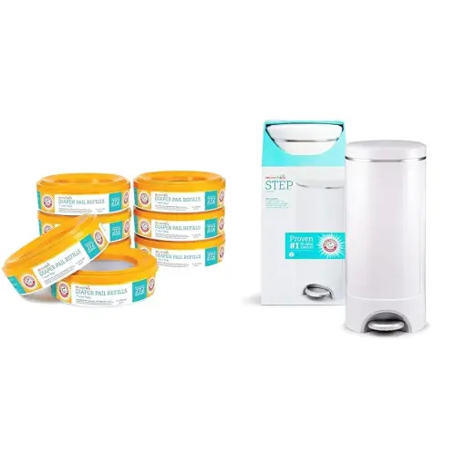 Munchkin® Step™ Diaper Pail Powered by Arm & Hammer, #1 in Odor Control, Award-Winning, Includes 1 Snap, Seal & Toss™ Bag, 8 Refill Rings, 1 Starter Refill Ring, and 1 Puck™ Baking Soda Cartridge