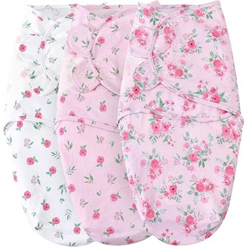 david's kids 100% Cotton 3 Pack Baby Swaddle Wrap for 0-3 Months, Soft Breathable Swaddle Blanket for Newborn Infant, Adjustable Baby Wrap Sleep Sacks for Girls, Newborn Essentials, Floral