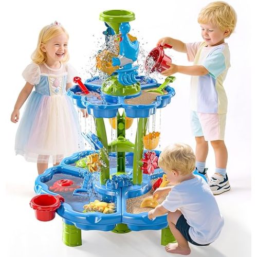 Water Table for Toddlers 1-3 & Kids 3-5 Outdoor Splash Pond & Sand Play Set with 3-Tier Water Table Rain Showers & Sensory Playset Activities – Summer Toys Birthday Gift for 3 4 5 6+ Years Old