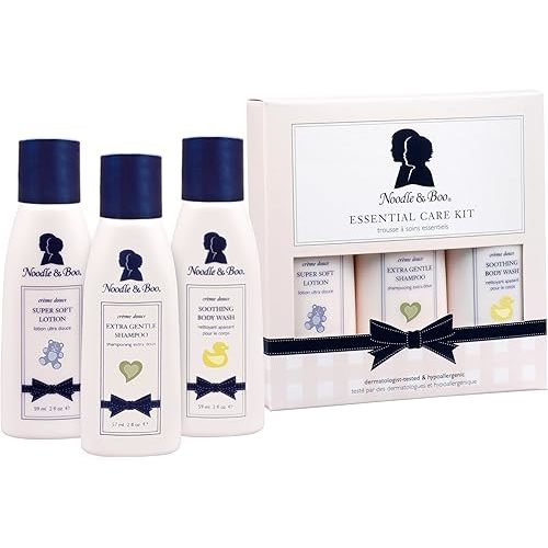 Noodle & Boo Essential Care 3 Piece Kit Super Soft Baby Lotion(2 Oz), Extra Gentle Shampoo(2 Oz) and Soothing Body Wash(2 Oz)