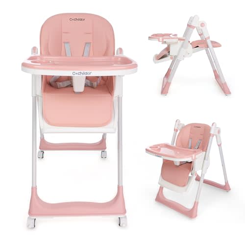 Cochildor 3-in-1 Foldable High Chair for Babies & Toddlers – Adjustable Height, Reclining Seat, 5-Point Safety Harness, Removable Tray, Lockable Wheels, Washable Cushion – Portable & Easy Clean, Pink