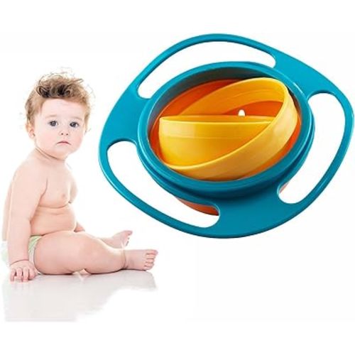 OFKP Baby Rotate Spill-Proof Bowl Funny Kids 360 Dgree Rotation Gyroscope Trainning Tableware with Lid Blue and Orange