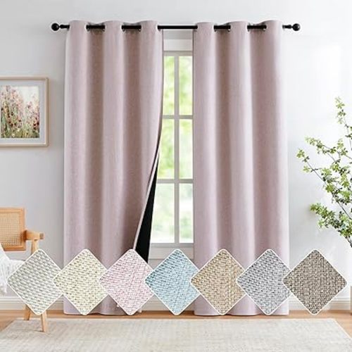 Pink Solid Full Blackout Curtain for Girls Room Heavy Linen Texture Room Darkening Window Treatment Set for Bedroom Noise Reducing Drapes, Grommets Top Curtains for Living Room, Pink, 40" x 84", 2pcs