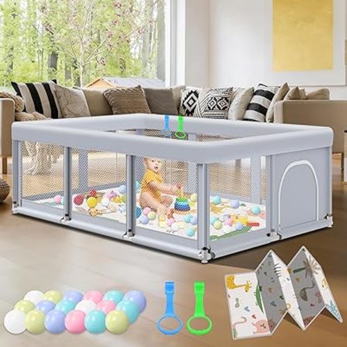 Fshibila 74" ×50" Large Baby Playpen, Baby Playard for Babies and Toddlers, PlayPen for Indoor & Outdoor, Sturdy Safety Play Yard with Soft Breathable Mesh, Ball x 18, Handle x 2, Mat x 1, Grey