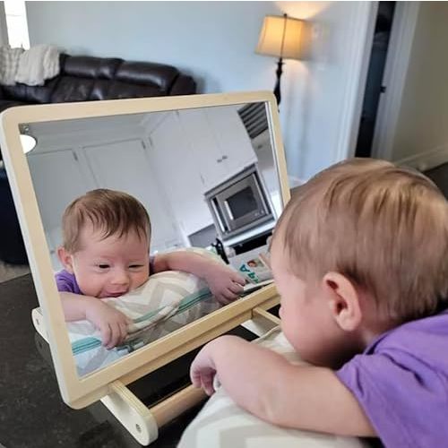 Montessori Tummy Time Set | Baby Mirror with High Contrast Cards and Wooden Stand | Montessori Baby Toys