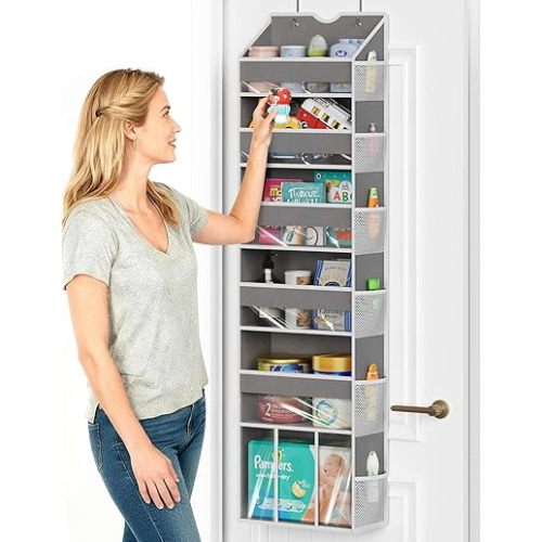 Over The Door Organizer with 6 Large Clear Pockets 12 Mesh Side Pockets - 50LB Heavy Duty Behind Door Storage, Door Hanging Storage for Closet Bedroom Bathroom Nursery Pantry