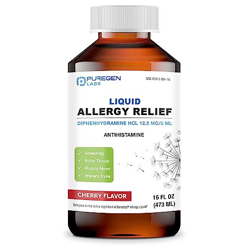 Puregen Labs Allergy Relief Oral Solution, Diphenhydramine HCl 12.5mg/5 mL, Antihistamine, Cherry Flavor, 16 Ounces