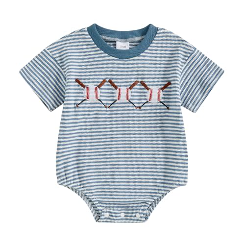Mobbdow Infant Baby Boy Girl Baseball Outfit Embroidery Stripe Short Sleeve Bubble Romper Waffle Knit Bodysuit Summer Clothes