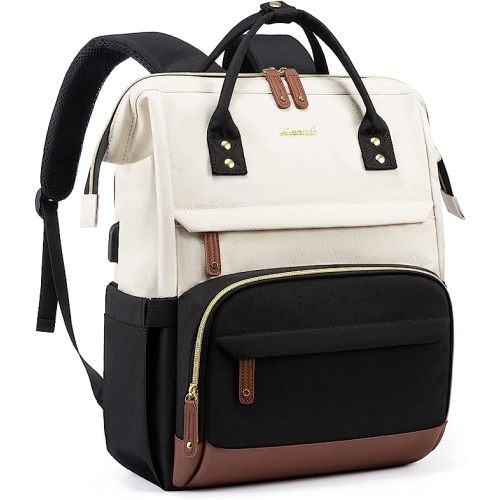 LOVEVOOK Laptop Backpack for Women, 17 Inch Work Business Backpacks Purse with USB Port, Large Capacity Nurse Bag College Bookbag for School, Waterproof Casual Daypack for Travel,Black-White-Brown