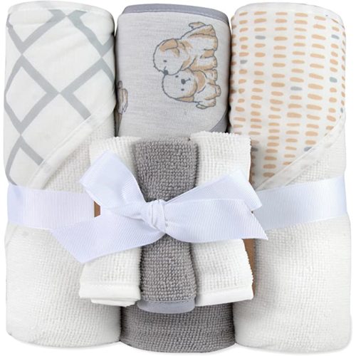 Hooded Baby Bath Towel and Washcloth 6 Piece Set for Newborns Infants & Toddlers, Boys & Girls Baby Hooded Towels (Puppies & Patterns)