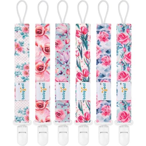 Babygoal Floral Pacifier Clips, 6 Pack Binky Paci Holder Clips and Leash for Boys and Girls Fits for Most Pacifier, Binkie Styles & Baby Teethers & Toys and Gift 6PS16