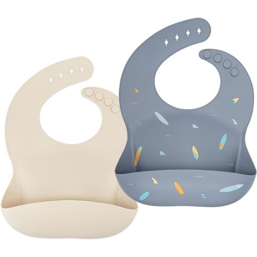 AVA + OLIVER Waterproof Silicone Bib Set with Adjustable Neck Closure - Durable Silicone Bibs for Babies - Set of 2